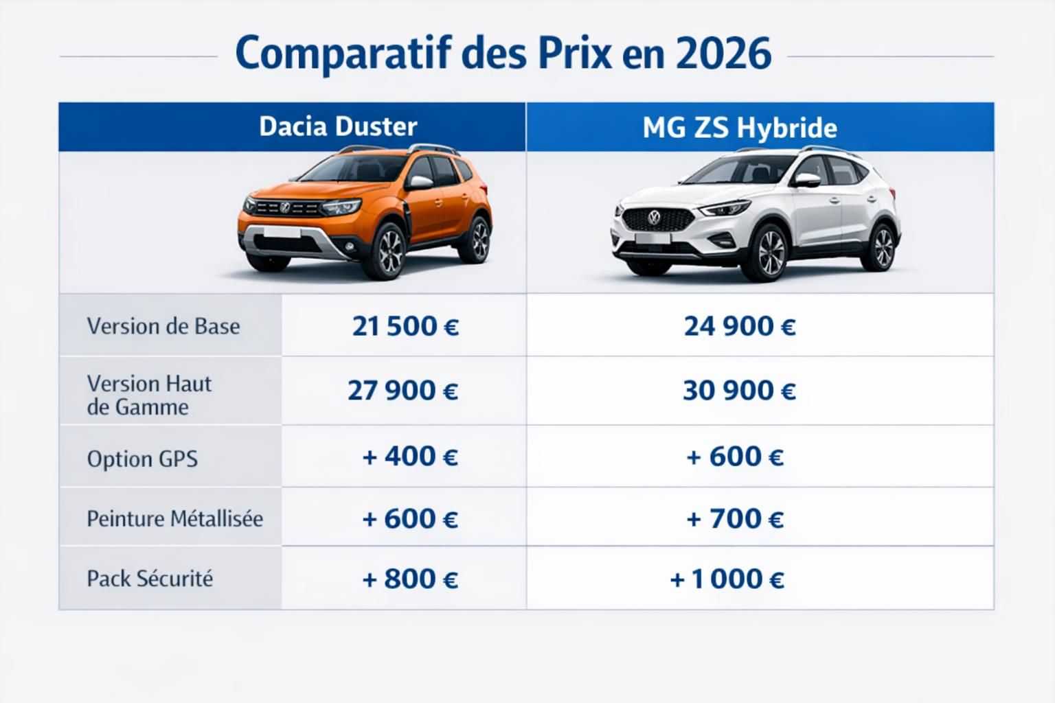 découvrez le comparatif complet entre le mg zs et le dacia duster, les deux suv hybrides abordables qui révolutionnent le marché. performance, design et prix au rendez-vous dans ce duel incontournable.
