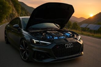 découvrez la nouvelle audi rs 5, équipée d'un moteur v6 emblématique combiné à une technologie d'électrification moderne pour des performances puissantes et responsables.